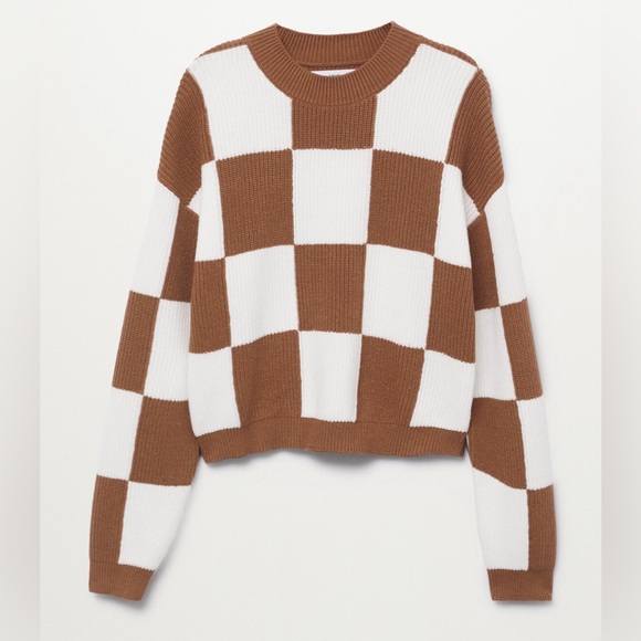 Mango Sweaters - Brown and White Checkered Crop Sweater